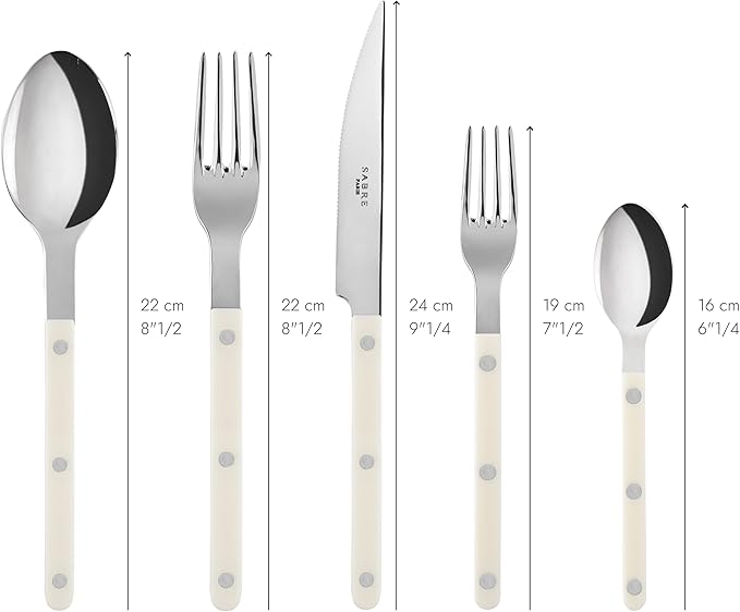 SABRE PARIS - 5-Piece Flatware Set - Bistrot Collection - Knife, Fork, Soup Spoon, Teaspoon & Dessert Fork - Stainless Steel & Nylon - Dishwasher Safe - Ivory - Brilliant Finish