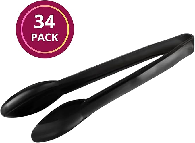 Disposable Plastic Serving Cutlery, Flatware Set, Dinnerware for Wedding, Birthday Party & Other Occasions (Black, 9" Tongs (34 Tongs))