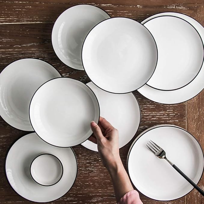 Fine Dinnerware Sets,Dinner Plate Ceramics Dinner Sets, Bowl/Dish/Spoon Pure White Black Line Porcelain Combination Set
