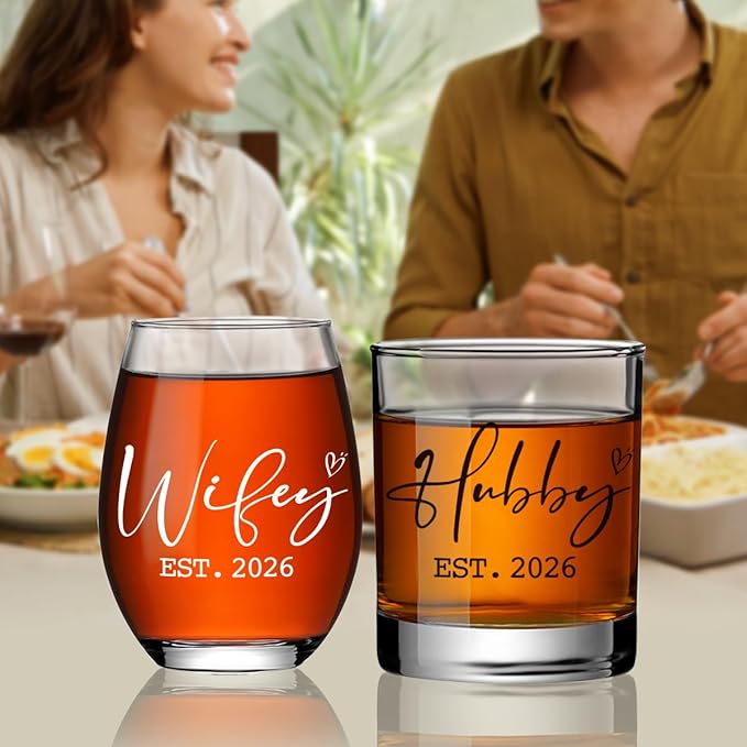 Wedding Gifts for Couple,Friends,Newlyweds,Hubby and Wifey Gifts Stemless Wine Glass,Mr and Mrs Cups for His Her,Bridal Shower Gift for Bride and Groom,Married Gift for Christmas,Housewarming-67