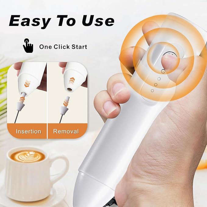 Rechargeable Milk Frother Handheld, USB-C Coffee Foam Maker with Stainless Steel Whisk & 3 Speeds, Coffee Frother Electric Hand Drink Mixer Stirrer for Matcha, Hot Chocolate,Frappe,Powder Drink(White)