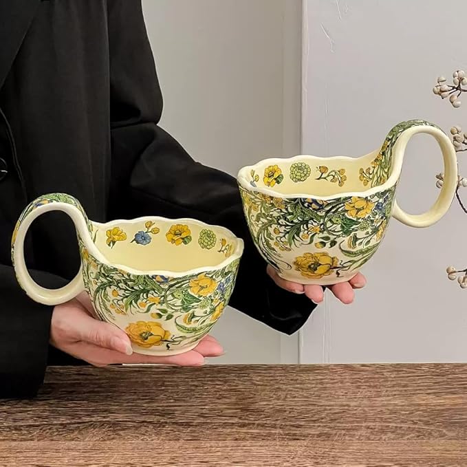 16.91oz/500ml Handpainted Soup Bowl with Handle,Ceramic Cereal Bowl Microwave & Dishwasher Safe,Loop Handle Bowl Great for Soup,Yogurt,Snack,Chip,Stew,Ice Cream,Coffee (Winter Jasmine)