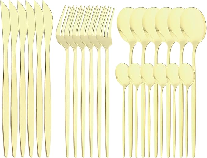 24-Piece Mirror Champagne Gold Flatware, 18/0 Stainless Steel Dinnerware Set Include Knife Fork Spoon Teaspoon Cutlery Set For Home Restaurant Party Service For 6, Dishwasher Safe