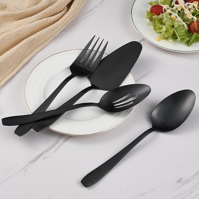 Matte Black Serving Set, 4-Piece Stainless Steel Large Hostess Set Include Slotted Spoon Serving Spoon Serving Fork and Cake Server, Ideal for Buffets, Home, Gatherings, Restaurant