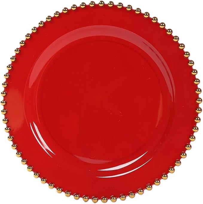 8" Salad Plates - Set of 20 - Plastic Red Round Disposable Dessert Appetizer Plate with Gold Beaded Rim, Ideal for Dinner Party Wedding Bulk Events