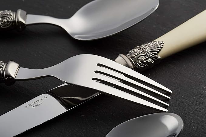 ANNOVA Flatware 20 Pieces Set/Stainless Steel Vintage Silverware/Cutlery, Dinner Knife/Dinner Fork/Salad Fork/Dinner Spoon/Dessert Spoon, Mirror Polished, Service for 4 - Ivory/Cream