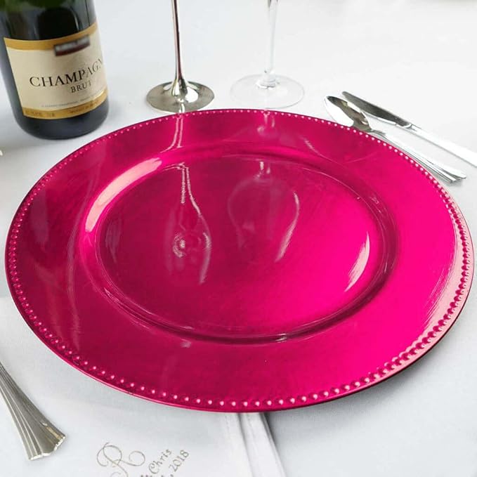 13" Charger Plates -Set of 24 - Acrylic Hot Pink Round Beaded Disposable Chargers, Ideal for Dinner Party Wedding Bulk Events Tabletop Decoration