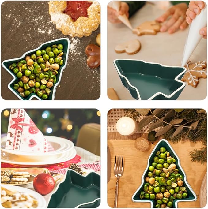 Hemoton Small Christmas Tree Candy Dish, Green Ceramic Xmas Serving Bowl for Snacks Nuts Dips, Mini Holiday Appetizer Plates, Decorative Trinket Tray for Party Hosting