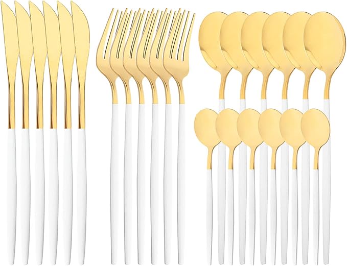 Mirror Cutlery Serving Set, 24-piece 18/0 Stainless Steel Silverware With White Handle Simple & Modern Tableware For Home Party Restaurant Christmas Dinner, Service For 6 (White Gold)