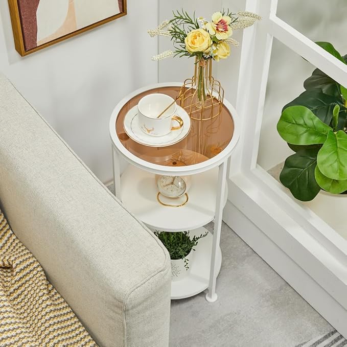 Glass Side Table, Tempered Glass Small Round Side Table with 3-Tier Storage Shelves for Small Spaces, Modern Glass Round End Table for Living Room, Bedside Table Nightstand for Bedroom (White)
