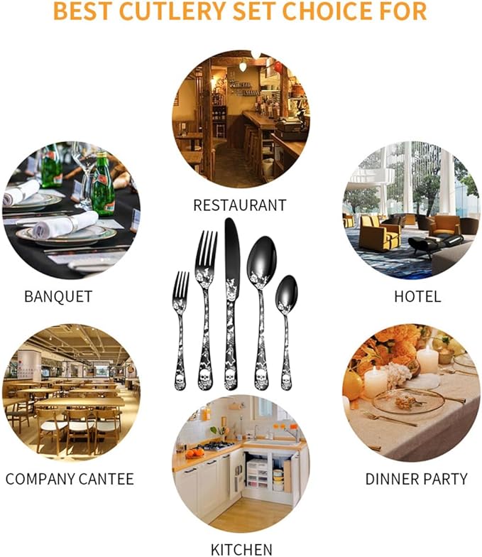 XIAOYU 40-Piece Halloween Themed Skeleton Silverware Set, Metal Flatware Set Serving for 8, Gothic Unique Skeleton Pattern Design, Durable Cutlery Set for Halloween Easter Christmas, Gold