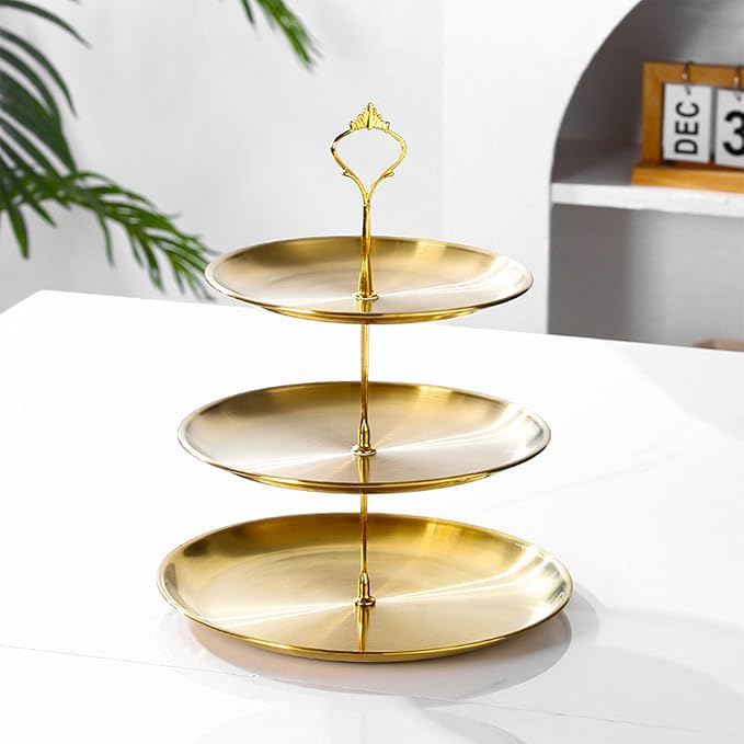 Stainless Steel 3 Tier Cupcake Stand, Tiered Trays Three Layer Cake Stand 3 Tier Serving Tray Platters for Pastry Dessert Candy Fruit Tea Party Wedding Platter (Golden)