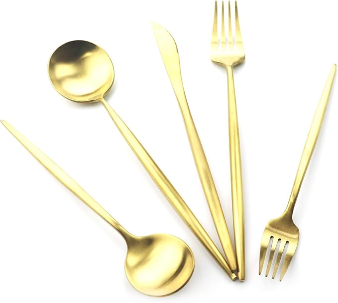 Gugrida 5 Pieces Matte Gold Handle 18/10 Stainless Steel Silverware Set, Flatware Set Titanium Cutlery Set, Utensils Set for Home Restaurant, Dishwasher Safe (Full Gold)