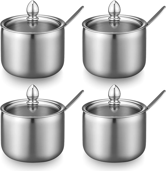4 Pack 10oz Sugar Bowl with Lid And Spoon, Stainless Steel Sugar Creamer Container Durable Round Jar for Coffee Bar Kitchen Accessories Food Storage Containers Kitchen Decor Housewarming Gift (Silver)