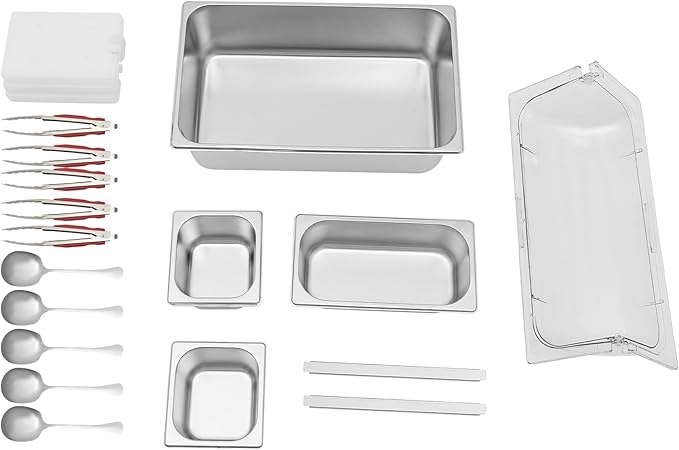 5 Pans Ice Food Serving Display Container w/Clear Roll Top Cover, Stainless Steel Serving Tray Catering Supplies Buffet Display Condiment Dispenser Plate Case for Restaurant Hotel Kitchen