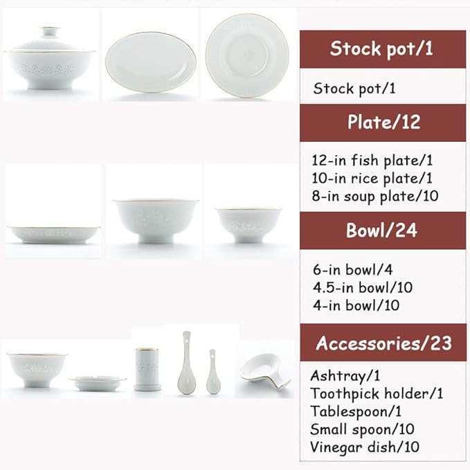 Classic Pottery Tableware,Ceramics Dinner Sets, 60 Pieces Hollow Out Phnom Penh Dinnerware Set | Plate/Bowl/Soup Pot - White Porcelain Combination Set