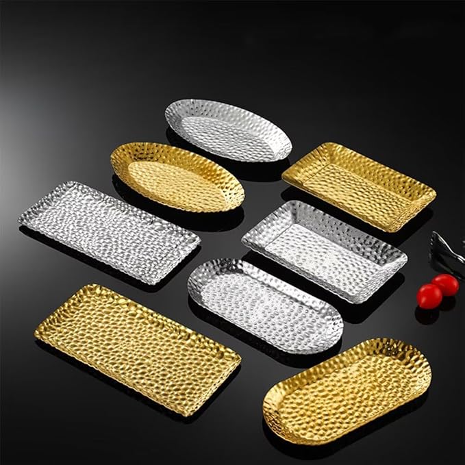 Mini Serving Platter Stainless Steel Serving Tray Hammered Rectangular 7.7 x 3.7 Inch Small Dessert Plates Coffee Table Tray Decorative Plates for Kitchen Party Silver
