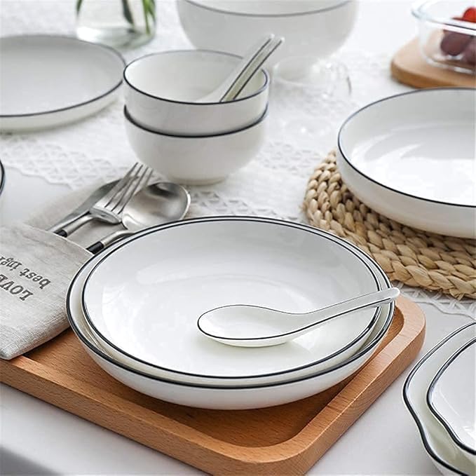 Dinnerware Set Kitchen and Dining, European Nordic Household Ceramic Tableware Simple Black Black Cutlery Plate White L 8 Inch,