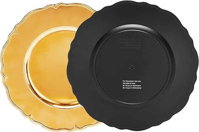 12 PCS Bulk Gold Charger Plates 13 Inch, Round Plastic Event Chargers for Dinner Plates, Elegant Table Decor for Wedding Reception, Birthday, Anniversary Celebrations
