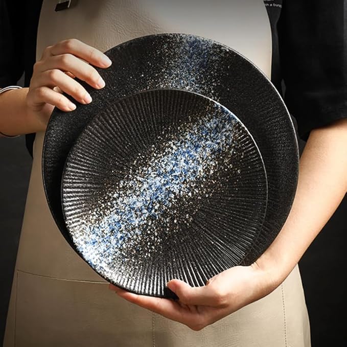 Dessert Plates 1pcs 8/10 Inch Ceramic Plate Simple Round Home Creative Steak Plates Spaghetti Line Flat Dishes Western Restaurant Tableware Dinner Tableware(B,Large)
