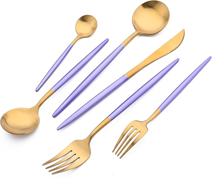 24-piece Snplowum Matte Gold Tableware, 18/10 Stainless Steel Utensils Heavy Serving Set With Purple Handle For Dinner & Dessert Home Restaurant Flatware Set, Service For 4 (Purple Gold)