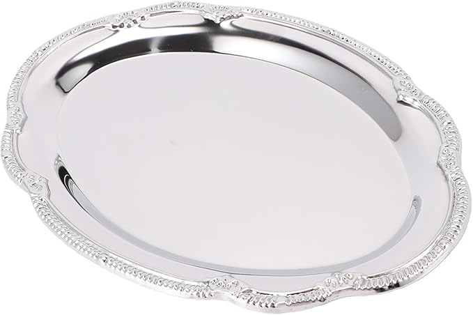 Stainless Steel Oval Platter, Silver Serving Tray, Floral Engraved Decorative Metal Plates Appetizer Platter Mirror Trays for Wedding Birthday Party Snack Fruit Cake (28CM)