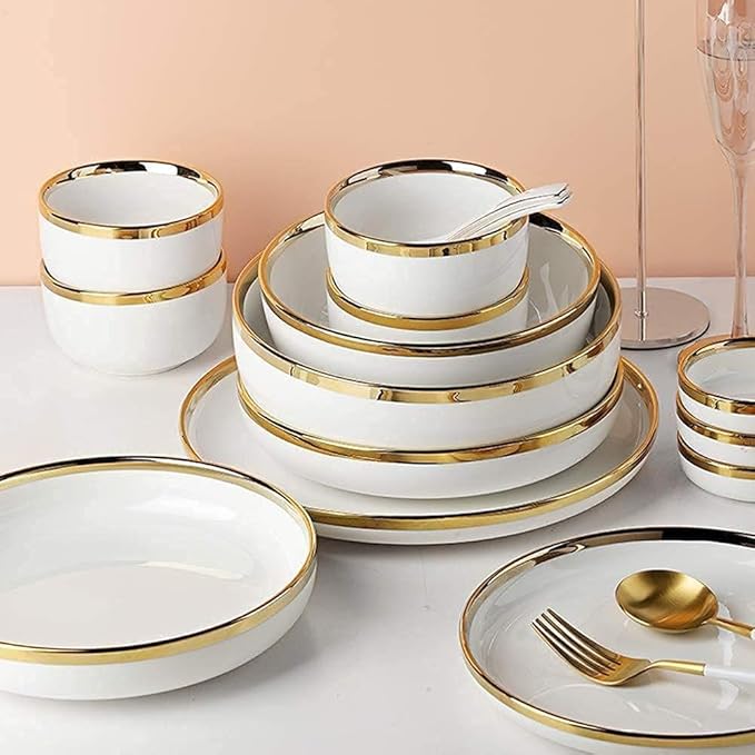 Dinnerware Set Luxury Family Dinner Service Set, Dinnerware Sets Service for 2/4/6, Kitchen Plates and Bowls Sets White, Luxury Bone China Tableware, Nordic Gold Porcelai,26pcs