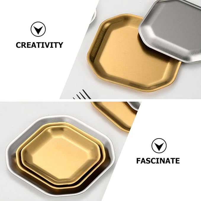 Uonlytech Stainless Steel Octagonal Snack Plates 12cm Gold Korean Style Pickle Dish Small Appetizer Plates 2pcs Set for Household Tableware and Party Serving