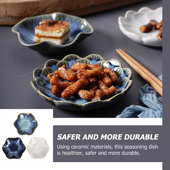 3pcs Ceramic Sauce Dishes Set, Assorted Lotus Leaf Design Appetizer Plates in Blue Gradient, Original Straw, and Vintage White for Condiment Serving and Dining Random Color