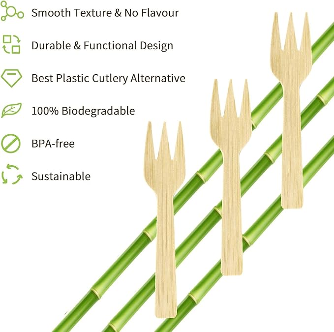 Bamboo Cutlery - 2000PK Mini Forks 3.54" Disposable Small 100% Compostable Cutlery Set Eco Friendly Renewable Natural Bamboo Disposable Fork Bulk for Dessert/Fruit