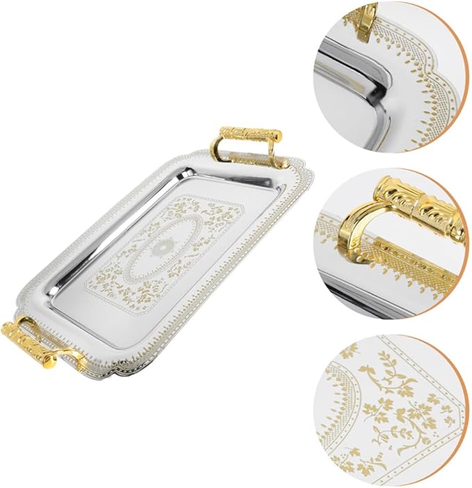 Alipis Stainless Steel Serving Tray Rectangle Vintage Fruit Snack Tray with Handle European Style Dessert Cake Tray Jewelry Plate for Restaurants Coffee Table Breakfast Drink Snack Decor