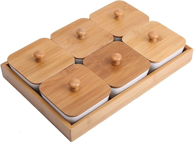 Ceramic Appetizer Serving Plate with Bamboo Tray, Ideal for Fruits, Nuts, Desserts, Modern Design(6 Compartment-9cm)