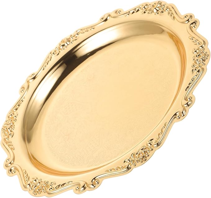 VICASKY 8 Inch Silver Metal Serving Tray - Elegant Platter for Food, Snacks, Jewelry Display & Home Decor, Vintage Style Dessert Tray with Handles (Gold, Heavy Duty)