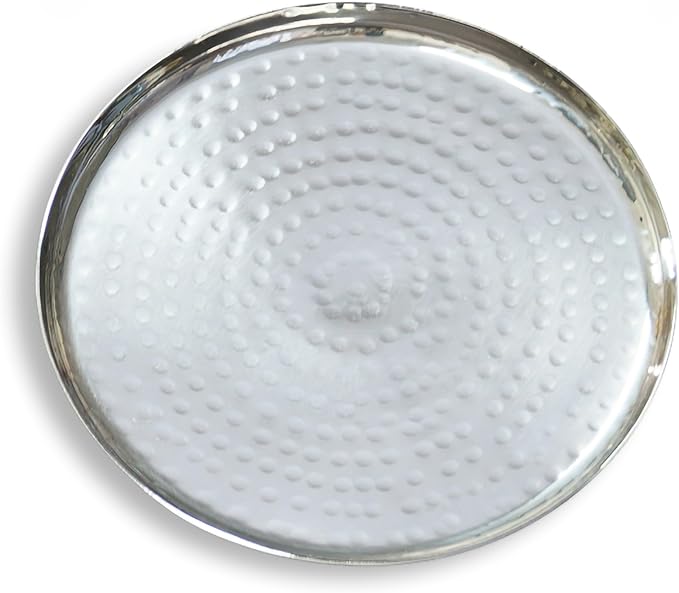 India Handicrafts 70178 Hammered Round Silver Tone 7 inch Stainless Steel Serving Tray Plate Platter