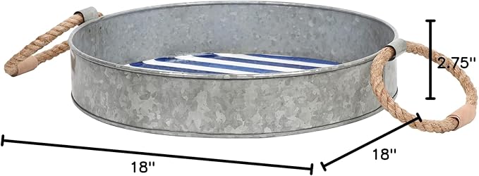 Round Serving Tray – Santorini Collection Set of 2 Decorative Trays – Blue and White Ottoman Tray with Natural Jute Handles – Galvanized Iron Trays for Coffee Table, Liquor Display, Decor