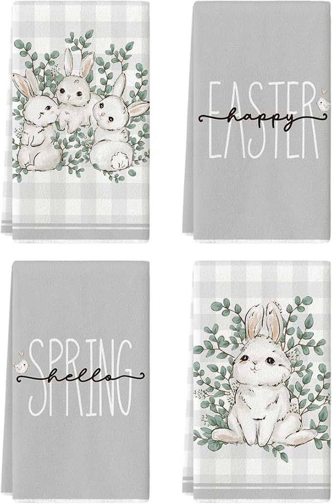 Artoid Mode Grey Bunny Rabbit Eucalyptus Easter Kitchen Towels Dish Towels, 18x26 Inch Seasonal Spring Decoration Hand Towels Set of 4