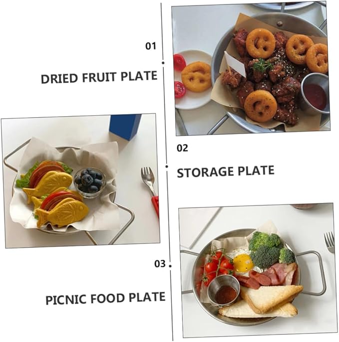 VOSAREA 1pc Stainless Steel Dessert Plate Double Handles Serving Dish for Restaurant Hotel Family Dinner