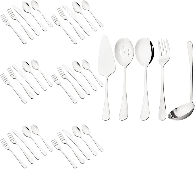 35-Piece Mirror Silver Flatware Set, 18/0 Stainless Steel Cutlery Set With Seriving Utensils For 6, Home Restaurant Silverware Set With Cake Knife, Colander, Soup Spoon, Dishwasher Safe
