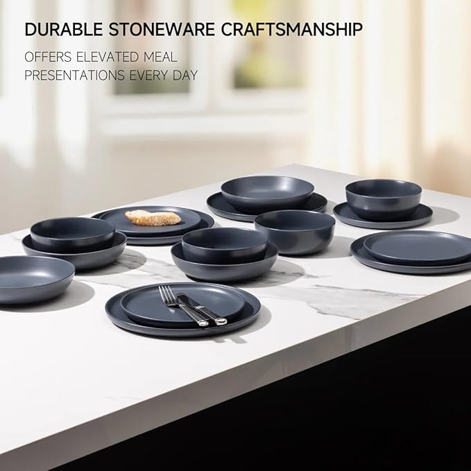 Stoneware Dinnerware Set, 16 Piece Plates and Bowls Set for 4, Microwave and Dishwasher Safe Tableware (blue)