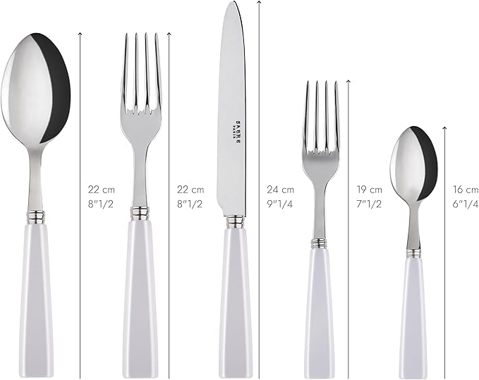 SABRE PARIS - 5-Piece Flatware Set - Icône Collection - Knife, Fork, Soup Spoon, Teaspoon & Dessert Fork - Stainless Steel & Acrylic - Dishwasher Safe - White