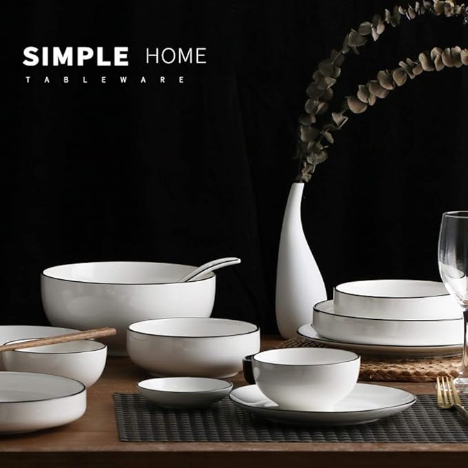 Fine Dinnerware Sets,Dinner Plate Ceramics Dinner Sets, Bowl/Dish/Spoon | Pure White Black Line Porcelain Combination Set