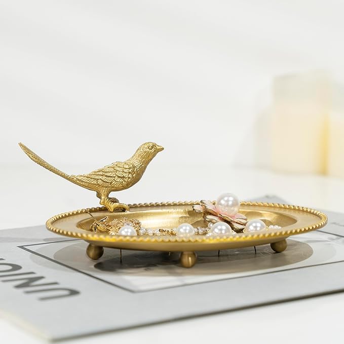 Bird Brass Jewelry Dish Tray,Gold Decorative Ring and Trinket Holder-Decorative Trinket Dish for Rings Earrings Necklaces Bracelet Watch Keys, Birthday Mother's Day Christmas Gift for Women