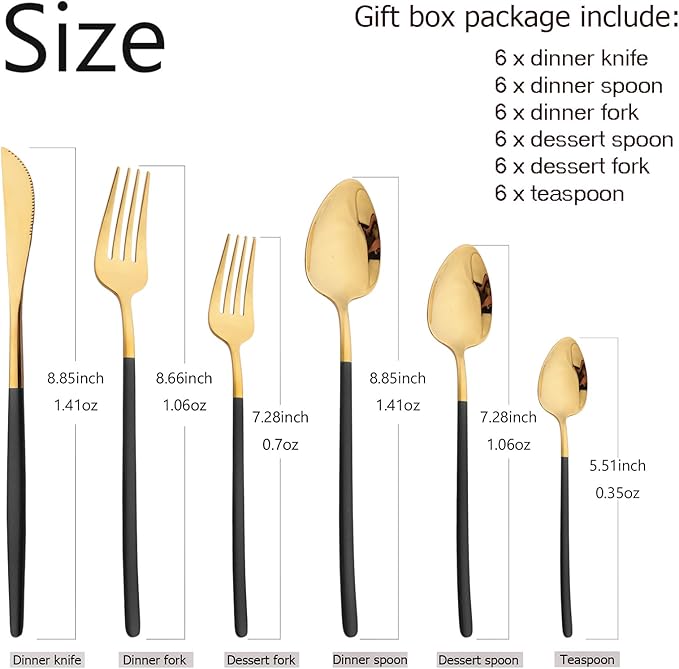 36pcs Silverware Set, 18/10 Stainless Steel Serving Flatware With Curved Handle For 6, Durable Eating Utensils For Home Entertaining, Mirror Polished (Black Gold)