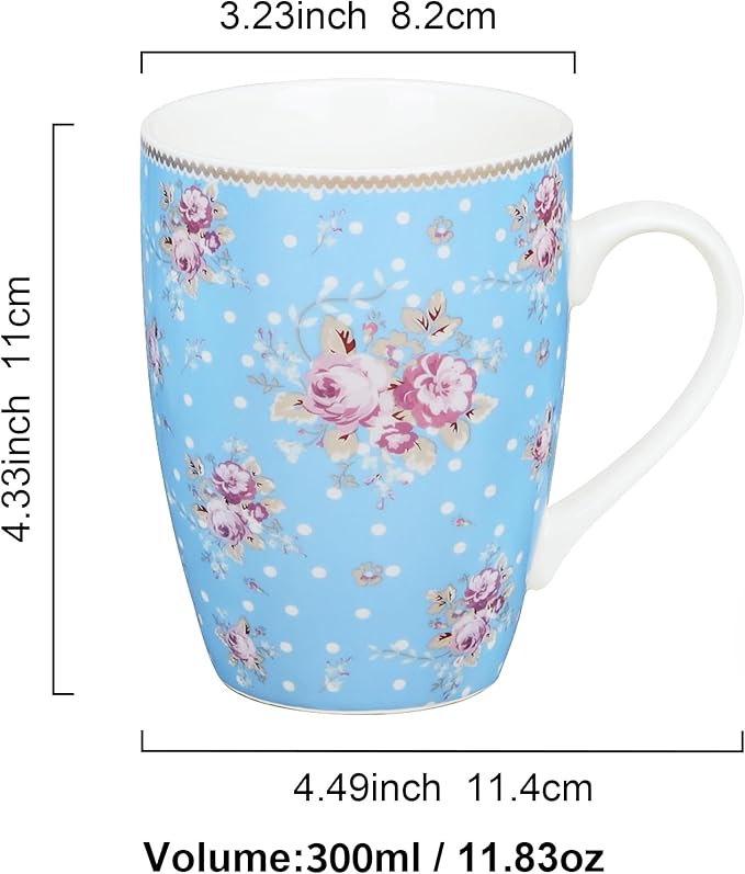 fanquare 10 Ounce Blue Floral Polka Dot Mug Set of 4, Ceramic Coffee/Tea Mugs with Pink Flower Pattern, Cute Drinkware for Home Office, Microwave & Dishwasher Safe