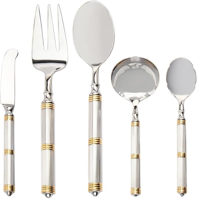 Ricci Argentieri Castello Hostess 18/10 Stainless Steel Flatware Set, with Serving Spoon, Serving Fork, Gravy Ladle, Butter Spreader, And Sugar Spoon, 5 Gold Piece Set