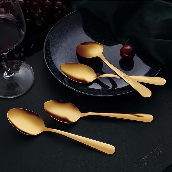 Unokit Dinner Spoons Set 24 Pieces (7.4 inch) - Stainless Steel silverware, Tablespoon, Silverware Spoons for Home, Kitchen or Restaurant - Mirror Polished, Dishwasher Safe - Gold