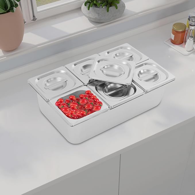 6 Compartment Fruit Pan, Stainless Steel 6 Pan Condiment Serving Container with Acrylic Lids for Fruits Spices Condiments Snacks Sauces