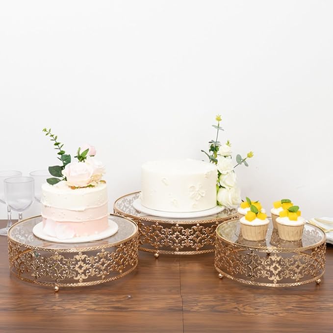 Efavormart Set of 3 Metal Cake Stands 10", 12", 14" Baroque Ornate Design with Glass Top Gold - Stackable Dessert Display Trays