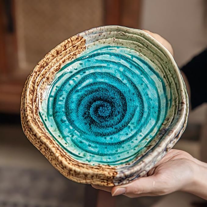 OWNKPM Special-Shaped Ceramic Plate 1 Pice – Green Ice Crack Glaze, Spiral Decorative Pattern, Heavy & Textured – Ideal for Dining Table, Coffee Table, Snacks, Sushi, Fruits, Jewelry & Key Storage