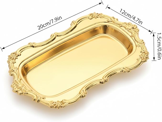 Metal Serving Tray, Gold Vanity Tray with Vintage Edge for Jewelry, Perfume, Snacks and Dessert Display, Serving